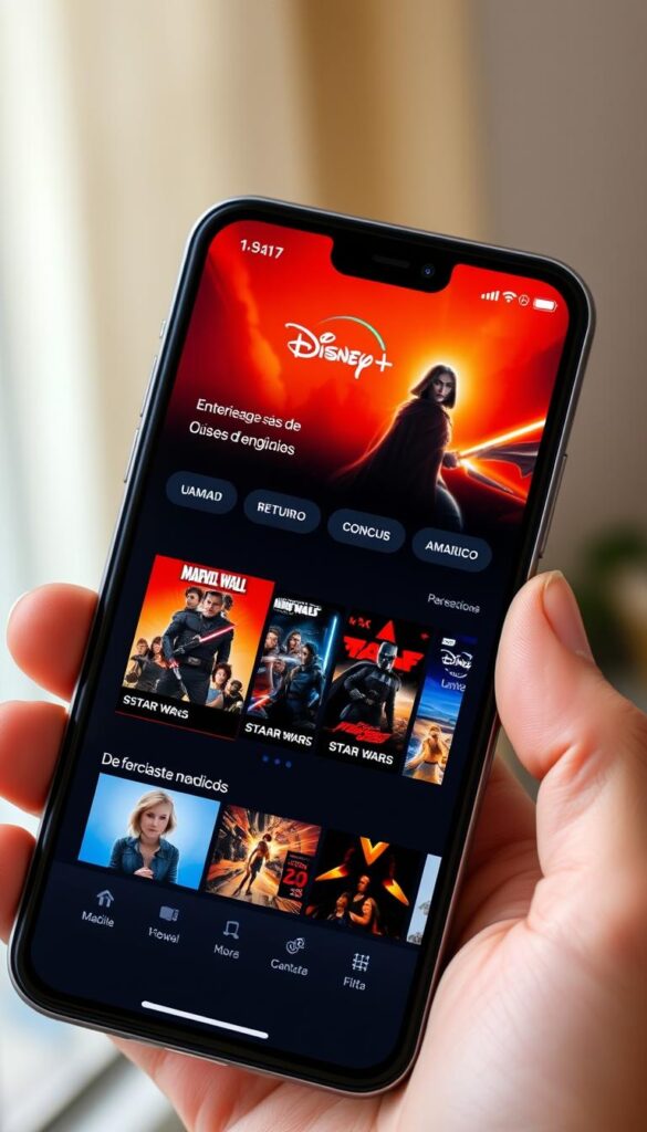 Aplicación de Disney Plus en smartphone mexicano mostrando catálogo