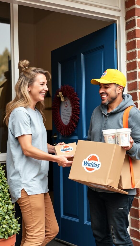 Cliente satisfecho recibiendo su pedido de Waldos en línea en la puerta de su casa Cliente satisfecho recibiendo su pedido de Waldos en línea en la puerta de su casa