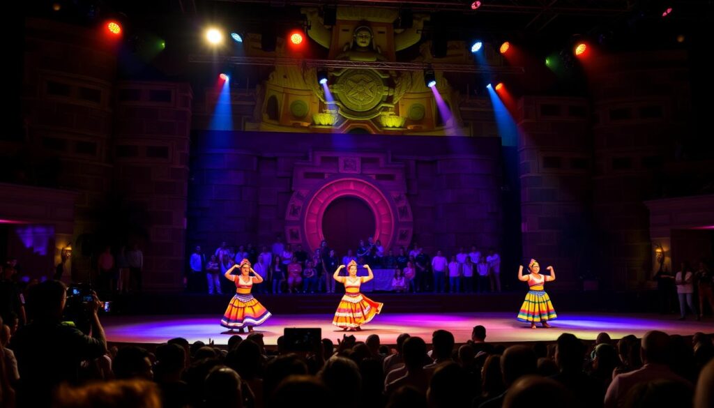 Espectáculo nocturno Xcaret México Espectacular con bailarines en trajes tradicionales Espectáculo nocturno Xcaret México Espectacular con bailarines en trajes tradicionales