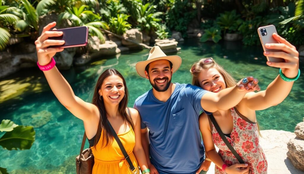 Familia disfrutando de las atracciones de Xcaret México con pulseras de descuento especial Familia disfrutando de las atracciones de Xcaret México con pulseras de descuento especial