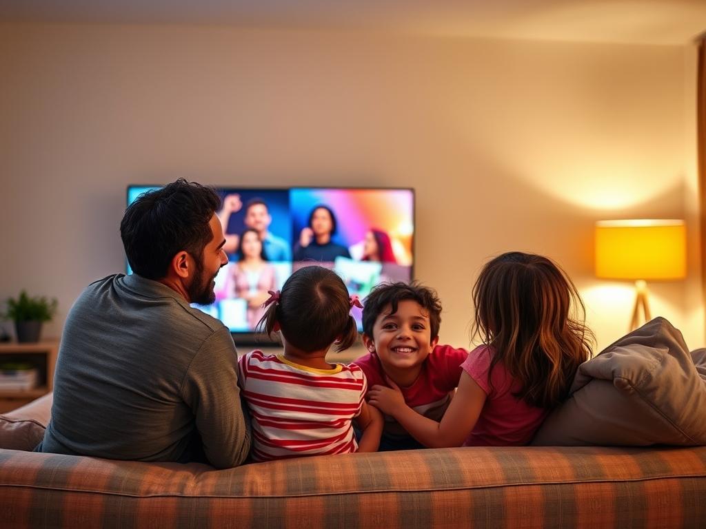 Familia disfrutando de una Smart TV en sala de estar Familia disfrutando de una Smart TV en sala de estar