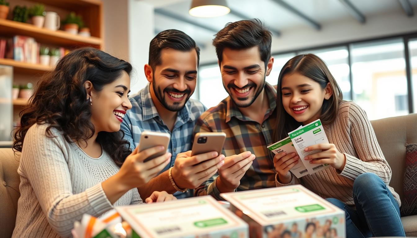 Familia feliz realizando compras con cupones Mercado Libre