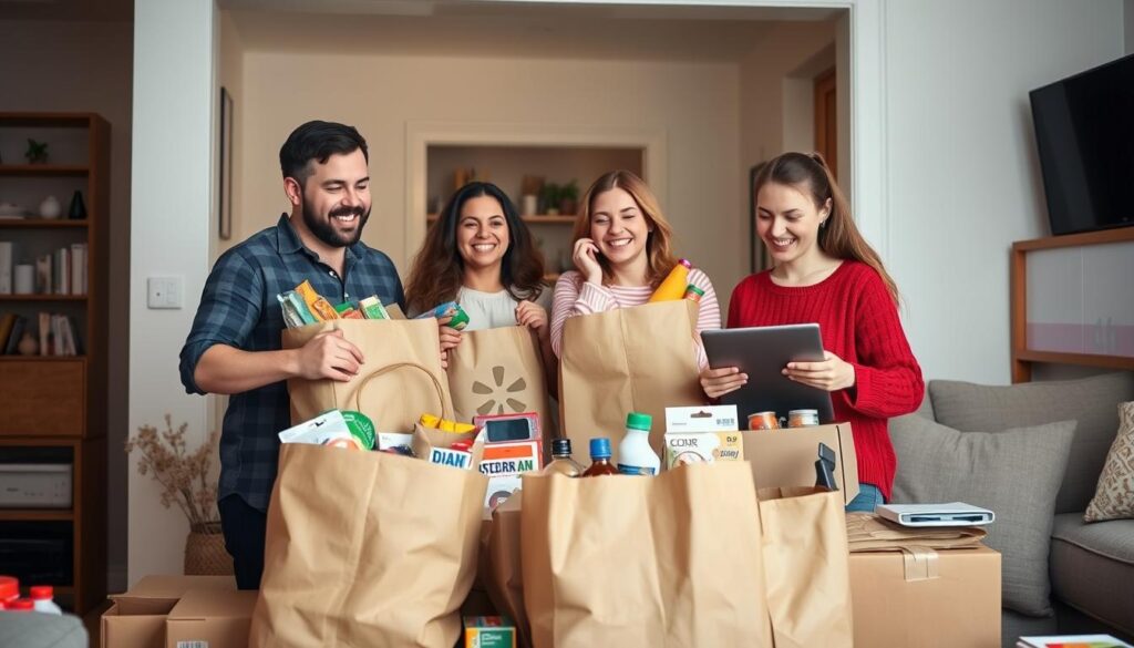 Familia feliz recibiendo su pedido de Walmart en línea Familia feliz recibiendo su pedido de Walmart en línea