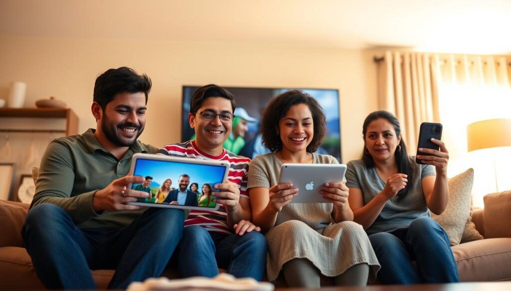 Familia mexicana disfrutando de Disney Plus en diferentes dispositivos