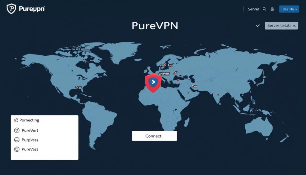 Interfaz de PureVPN mostrando su mapa de servidores globales y opciones de conexión