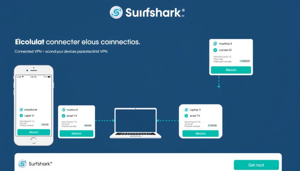 Interfaz de Surfshark VPN mostrando múltiples dispositivos conectados