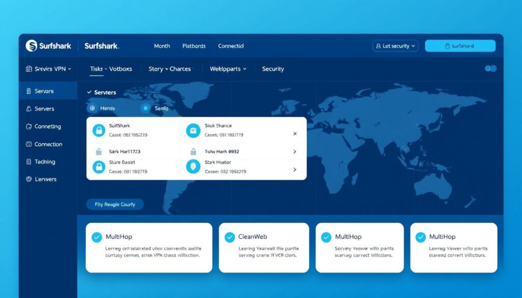Interfaz de Surfshark VPN mostrando su panel de control con opciones de conexión y funciones de seguridad
