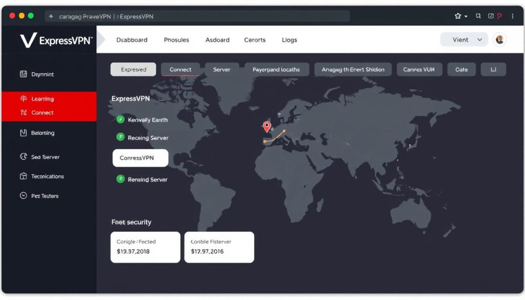 Interfaz de usuario de ExpressVPN mostrando su panel de control con servidores y opciones de conexión