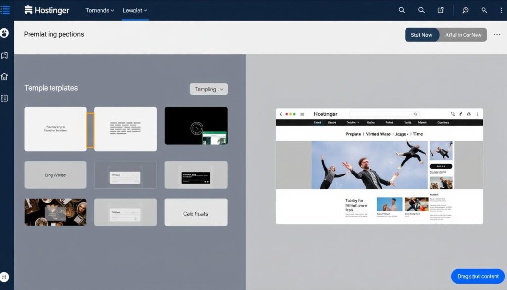 Interfaz del creador de sitios web con IA de Hostinger mostrando plantillas y opciones de personalización Interfaz del creador de sitios web con IA de Hostinger mostrando plantillas y opciones de personalización
