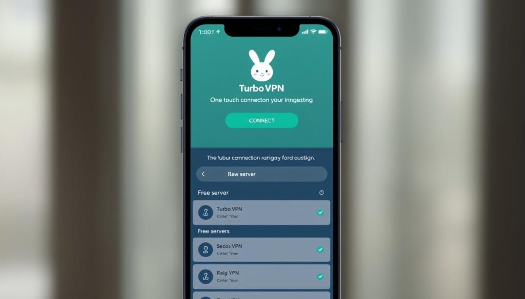Interfaz móvil de Turbo VPN mostrando su característica conexión con un solo toque y lista de servidores gratuitos