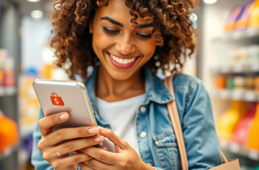 Persona ahorrando dinero usando cupones de Shopee en su smartphone