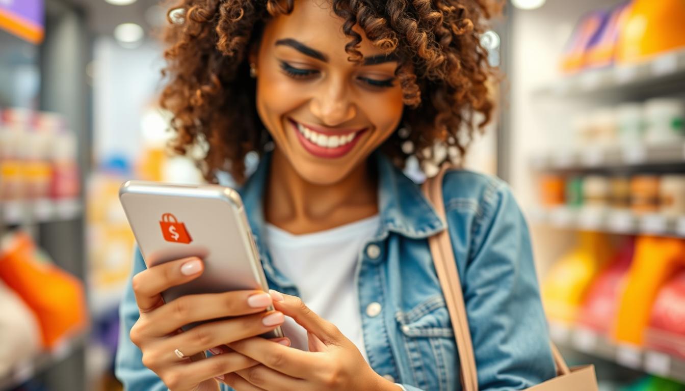 Persona ahorrando dinero usando cupones de Shopee en su smartphone