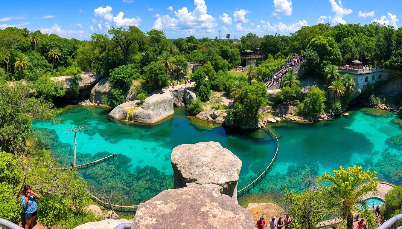 Vista panorámica del parque Xcaret México durante la temporada baja con poca afluencia de visitantes