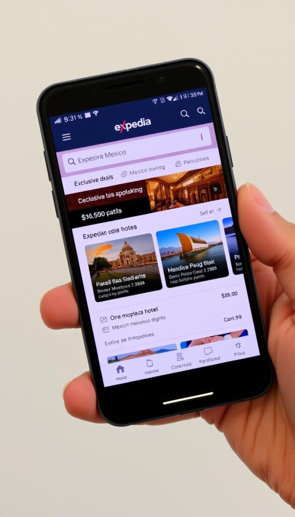 Aplicación móvil de Expedia Mexico mostrando ofertas exclusivas Aplicación móvil de Expedia Mexico mostrando ofertas exclusivas