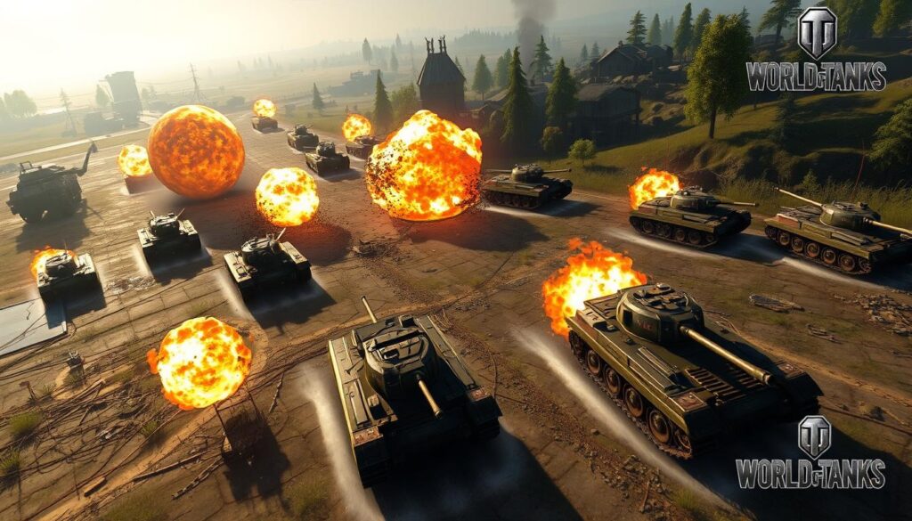 Captura de pantalla de una batalla en World of Tanks con varios tanques en combate Captura de pantalla de una batalla en World of Tanks con varios tanques en combate
