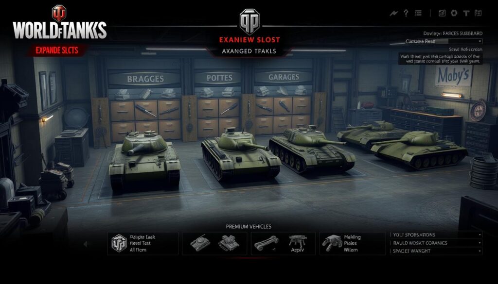 Garaje expandido en World of Tanks con múltiples tanques Garaje expandido en World of Tanks con múltiples tanques