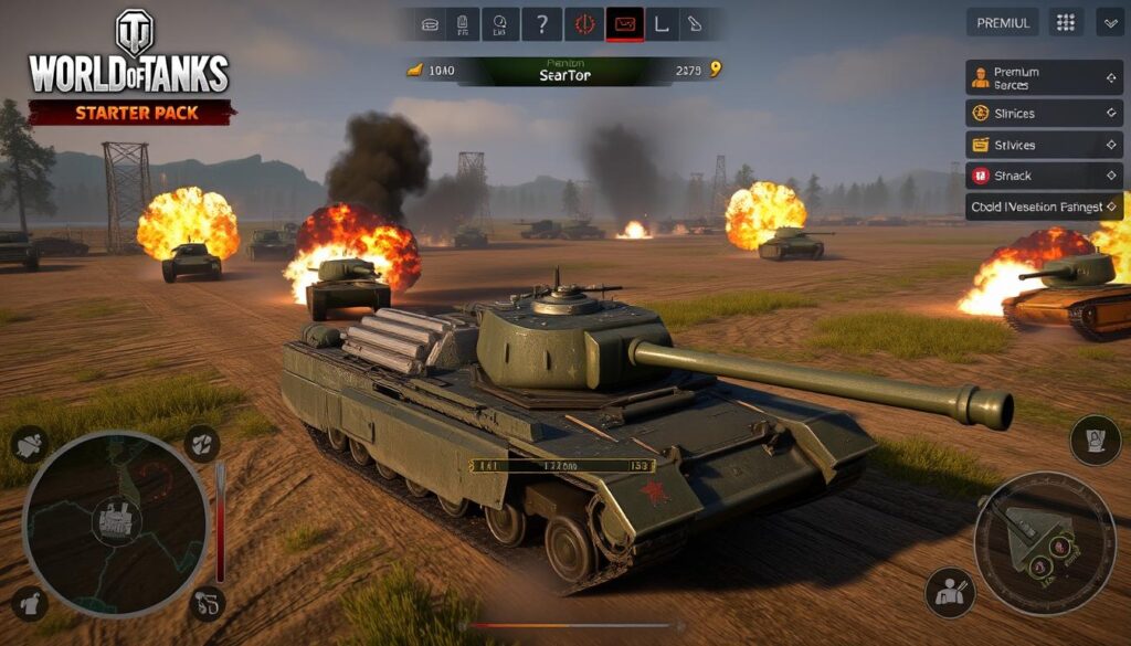 Jugador disfrutando de los beneficios del World of Tanks Starter Pack en una batalla Jugador disfrutando de los beneficios del World of Tanks Starter Pack en una batalla