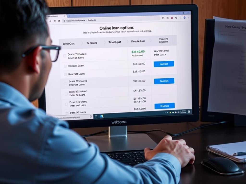 Persona analizando diferentes opciones de préstamos en línea en su computadora Persona analizando diferentes opciones de préstamos en línea en su computadora
