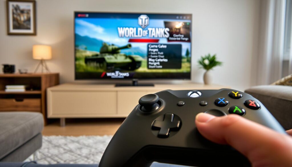 World of Tanks Console siendo jugado en una Xbox con un controlador World of Tanks Console siendo jugado en una Xbox con un controlador